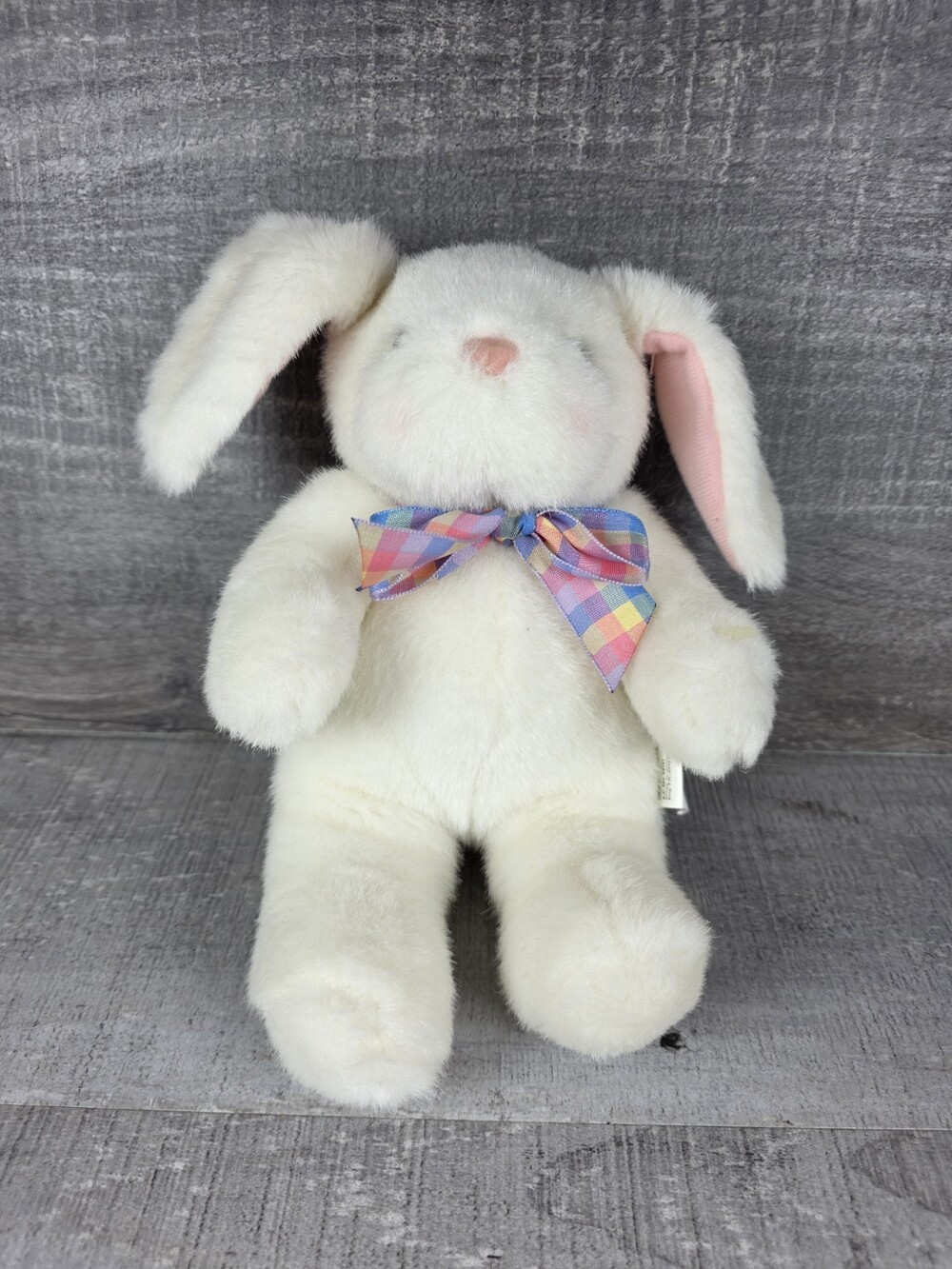 Hallmark Cards White Bunny Rabbit Plush W/Plaid Bow Stuffed Animal Toy b207
